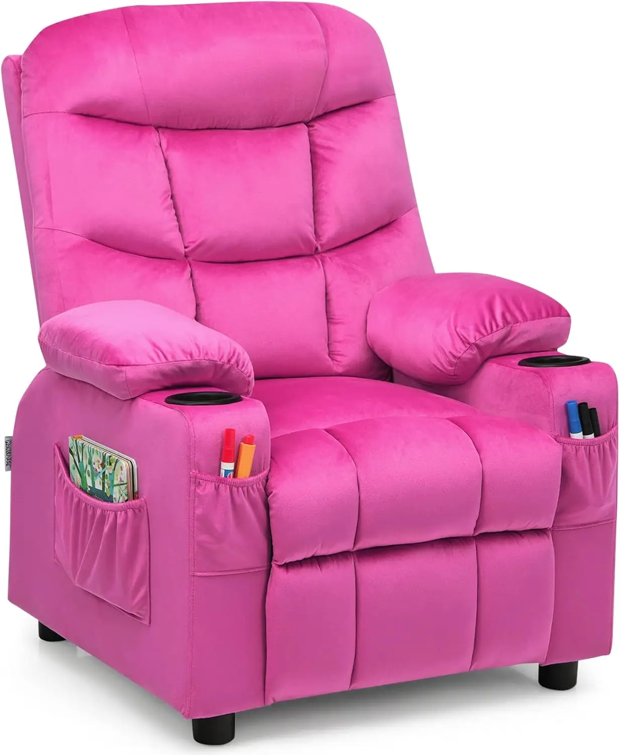 Larger Kids Recliner Chair, Adjustable Lounge Recliner w/ 2 Cup Holders, 1 Side Pocket, 2 Front Pockets, Footrest, Velvet Fabric