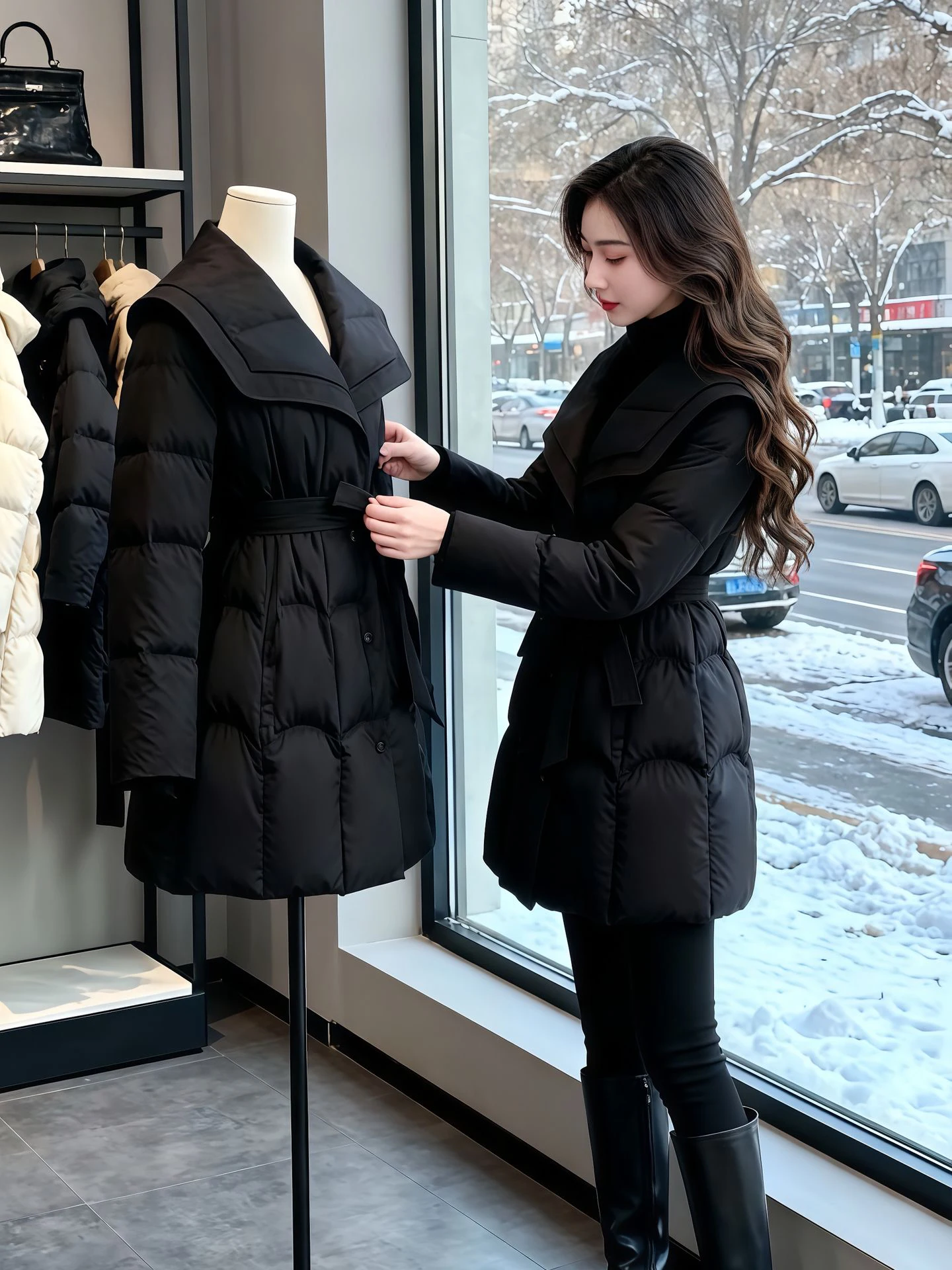 

Bla Mid-Length Navy Collar down Cotton Jaet Women's Winter plus Size Warm Casual Versatile Waist-Cinching Cotton Coat