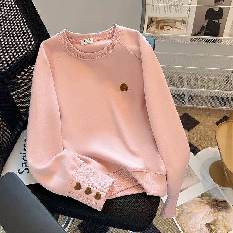 Sweatshirt Women New Fashion Loose Pullover O-neck Cotton Love Embroidered Top Long Sleeve Velvet Thicked Warm Tops