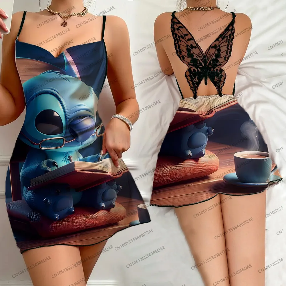 Fashion Sexy Backless Dress Disney Cartoon Print Short Sleeveless Summer Nightdress Women's Strappy Butterfly Lace Skirt