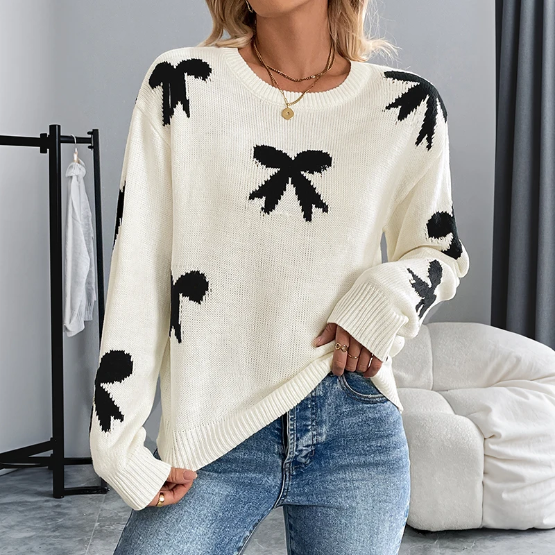 

Women's White Bow Pattern Crew Neck Knitted Sweater Autumn Winter Casual Loose Fit Long Sleeve Pullover Fashion Daily Wear