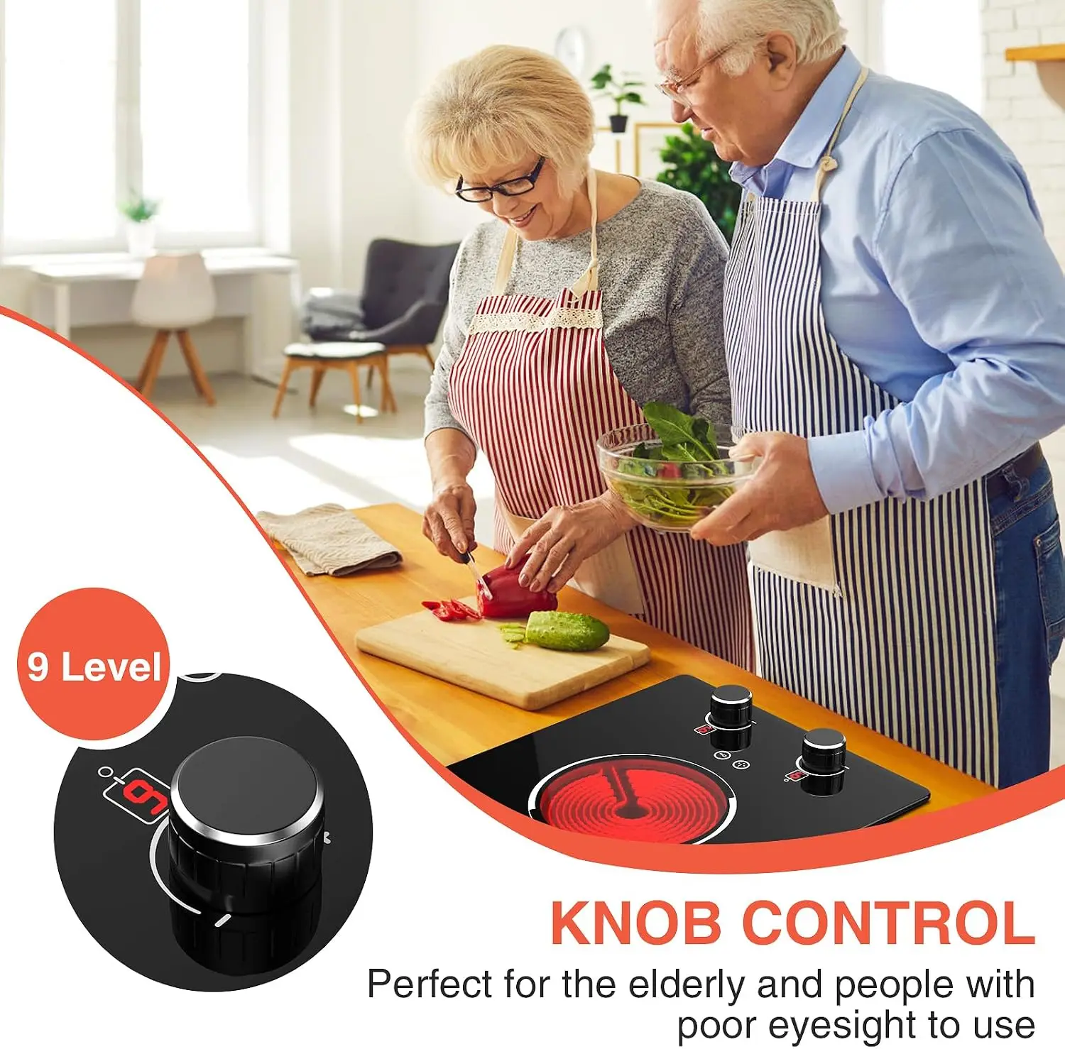 110v Electric Cooktop 2 Burners, 12'' Electric Stove Top with Plug in, Knob Control Countertop & Built-in Ceramic Cooktop, 9