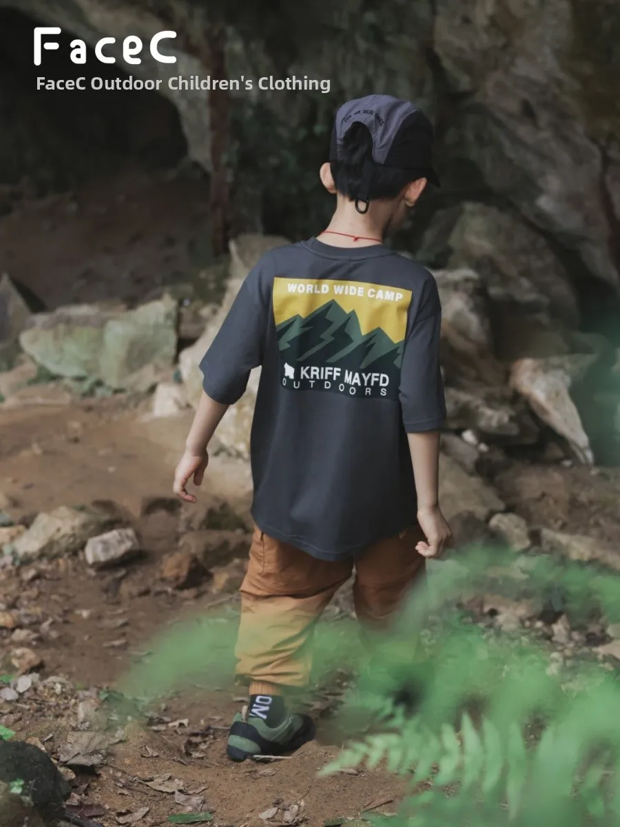 FaceC2026 Summer Boys' Loose Cotton T-Shirt Short Sleeve Outdoor Camping Style Breathable Comfortable Children's Upperwear