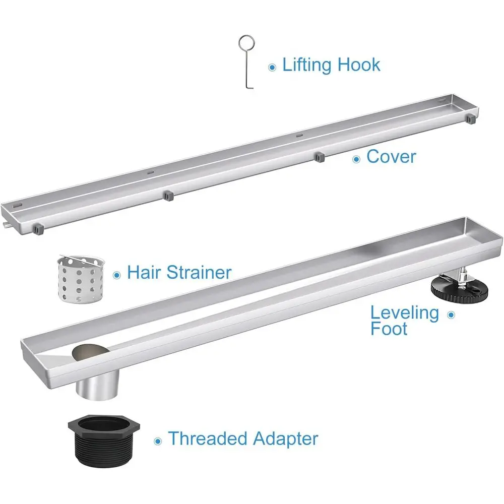 Sifone doccia lineare 48 con inserto per piastrelle 2-in-1, acciaio inossidabile spazzolato, uscita laterale, raccogli capelli, piedini regolabili
