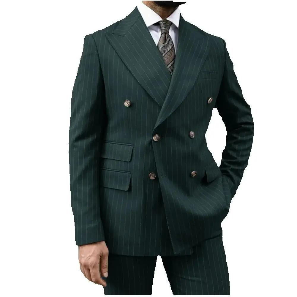 

Elegant Green Stripe Men Suits Double Breasted Peaked Lapel Blazer 2 Piece Jacket+Pants Set Wedding Groom Business Formal Dress