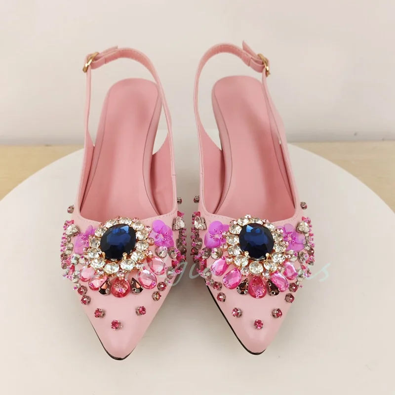 2024, розовые сверкающие сандалии со стразами и острым носком, вечерние модельные туфли на высоком каблуке-шпильке с открытой пяткой, элегантная пикантная женская обувь