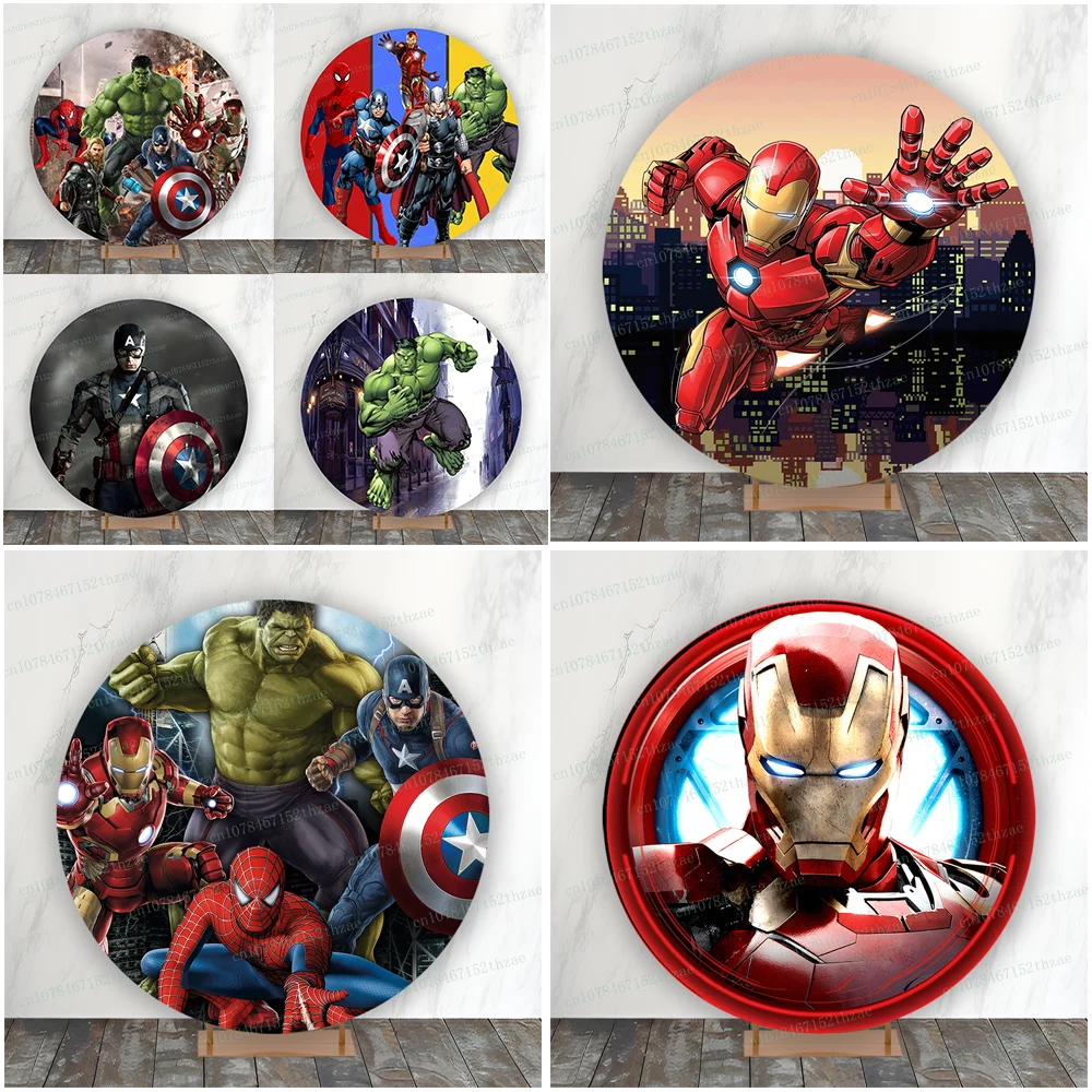 

Marvel Avengers Birthday Party Photo Background Baby Shower Round Photography Backdrop Cartoon Banner Decoration ﻿