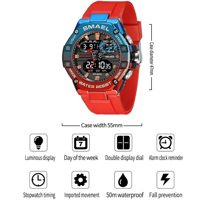 SMAEL Dual Time Red Digital Watch Men Military Sport Chronograph Quartz Electronic Digital Wristwatch with Date Week Waterproof