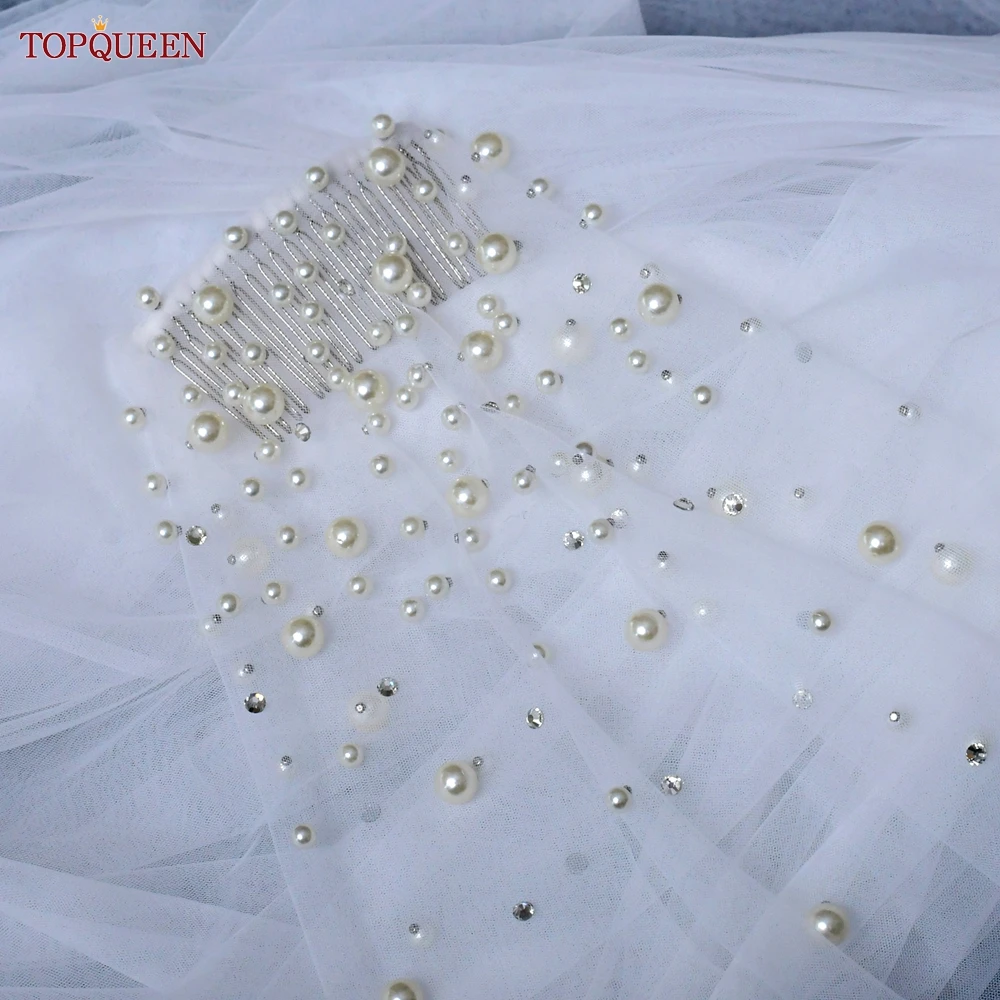 TOPQUEEN-velo de novia con perlas y peine, accesorios de boda con cuentas, diamantes de imitación brillantes, 1 nivel, V135