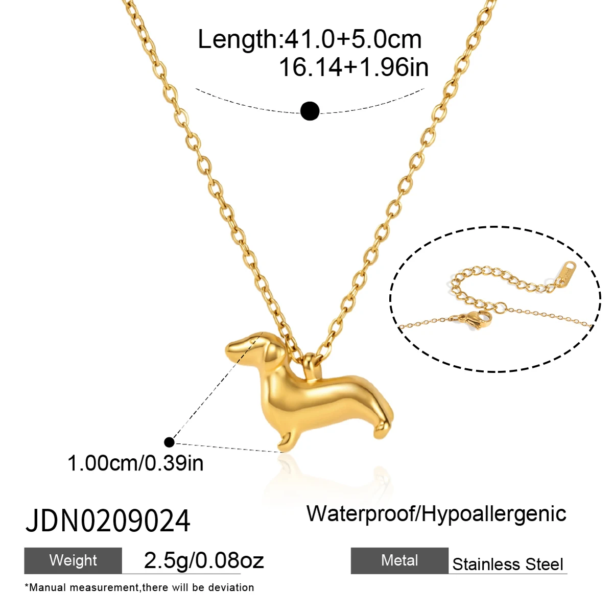 A multi-image collage showcasing a minimalist dachshund dog pendant necklace in 18K gold PVD and silver options, pictured on models, displaying its measurements, and arranged in an elegant display setup.
