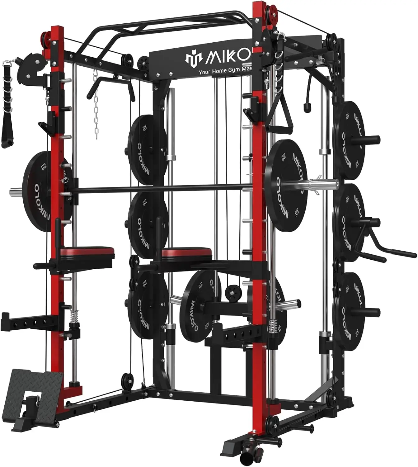 

Smith Machine with Weight Bar and 8 Weight Storage Pin, 2000 Pounds Capacity Multi-Function Power Cage Squat Rack with Cable Cro