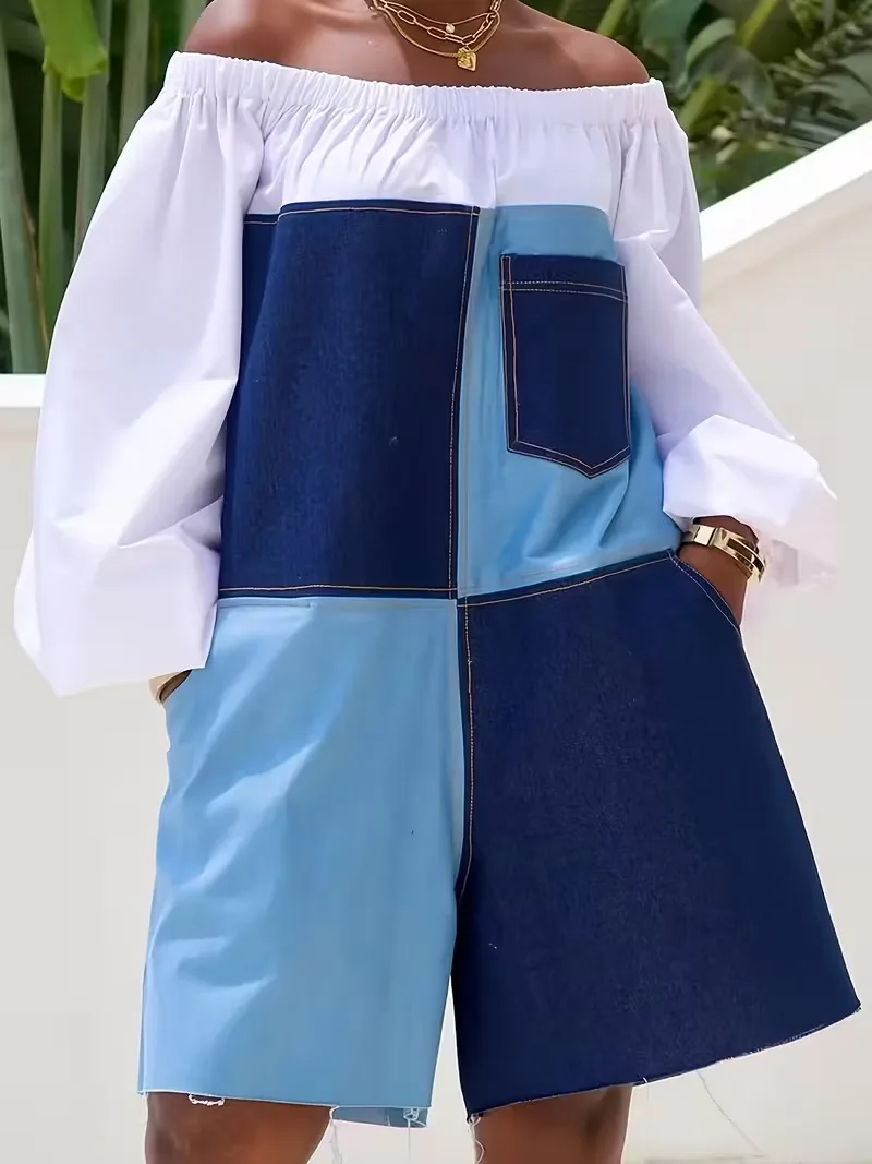 

Women's Loose Vacation Blue Casual Colorblock Off-the-shoulder Lantern Sleeve Long Sleeve Pocket Jumpsuit