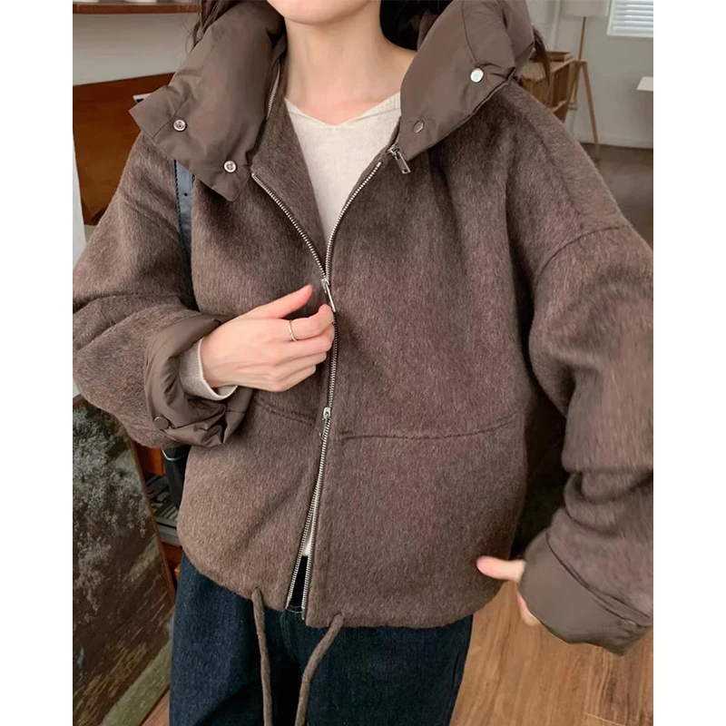 Clothland Women Vintage Hooded Woolen Jacket Zipper Long Sleeve Thick Outwear Female Casual Tops Mujer CB124