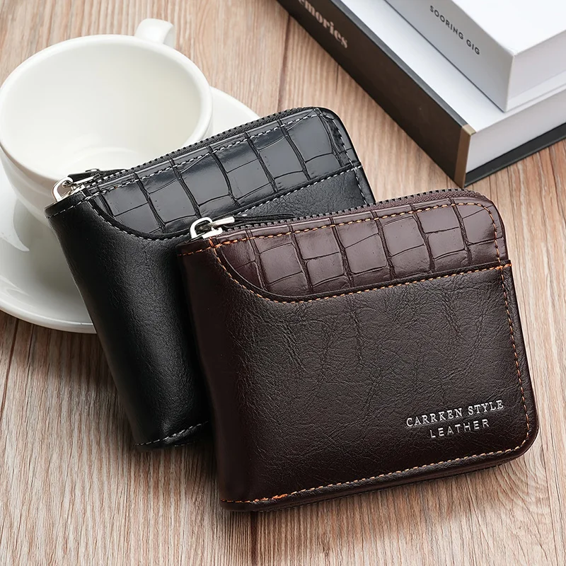 New Men Zipper Wallets Short Card Holder Male Purse Coin Pocket Photo Holder Stone Pattern Men's Wallet