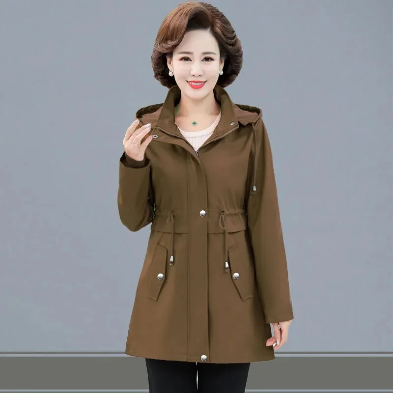 

High QualitMiddle Aged Mother Windbreaker Coat Autumn Female Large Size 5XL Hooded Trench Jacket Women Mid-Long Styles Lined Top