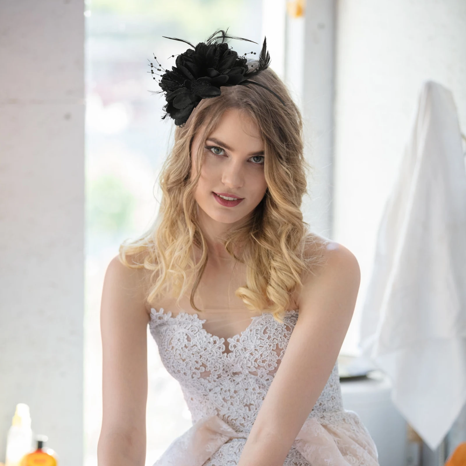 

Black Fascinator Headband Elastic Flower Headpiece for Wedding Cocktail Party Bridal Shower Gift Flower Headband