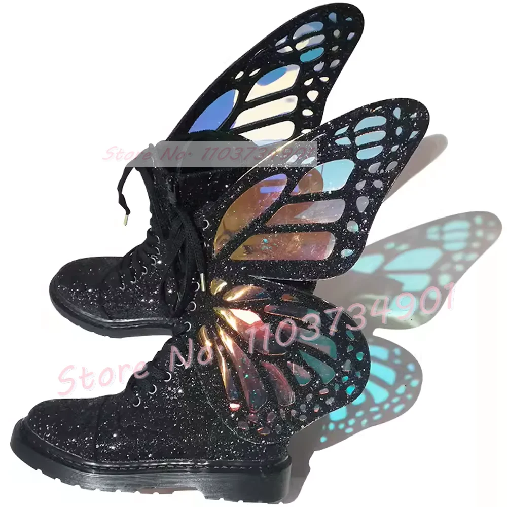 Laser Illusion Silver Butterfly Wings Ankle Boots Women Side Zipper Super Beautiful Ladies Punk Party Thick Sole Glitter Shoes