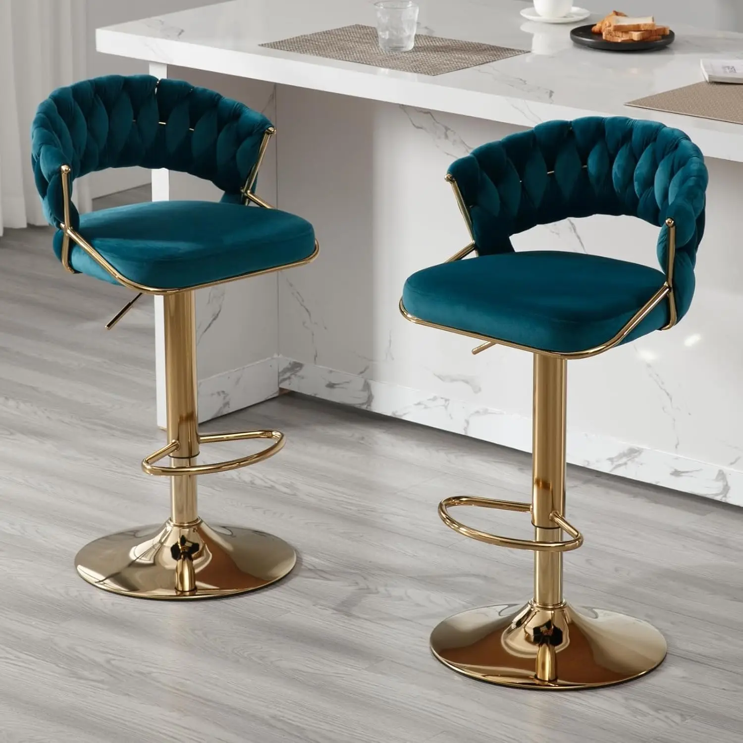 

Adjustable Velvet Swivel Bar Stools Set of 2 Woven Backrest Chrome Base Kitchen Counter Customized