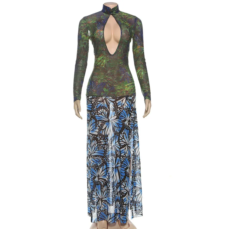 Frauen Mode Druck Sheer Meh Patchwork Aushöhlen Maxi Kleid Sexy Rollkragen Volle Hülse Bodycon Hohe Schlitz Party Lange Robe