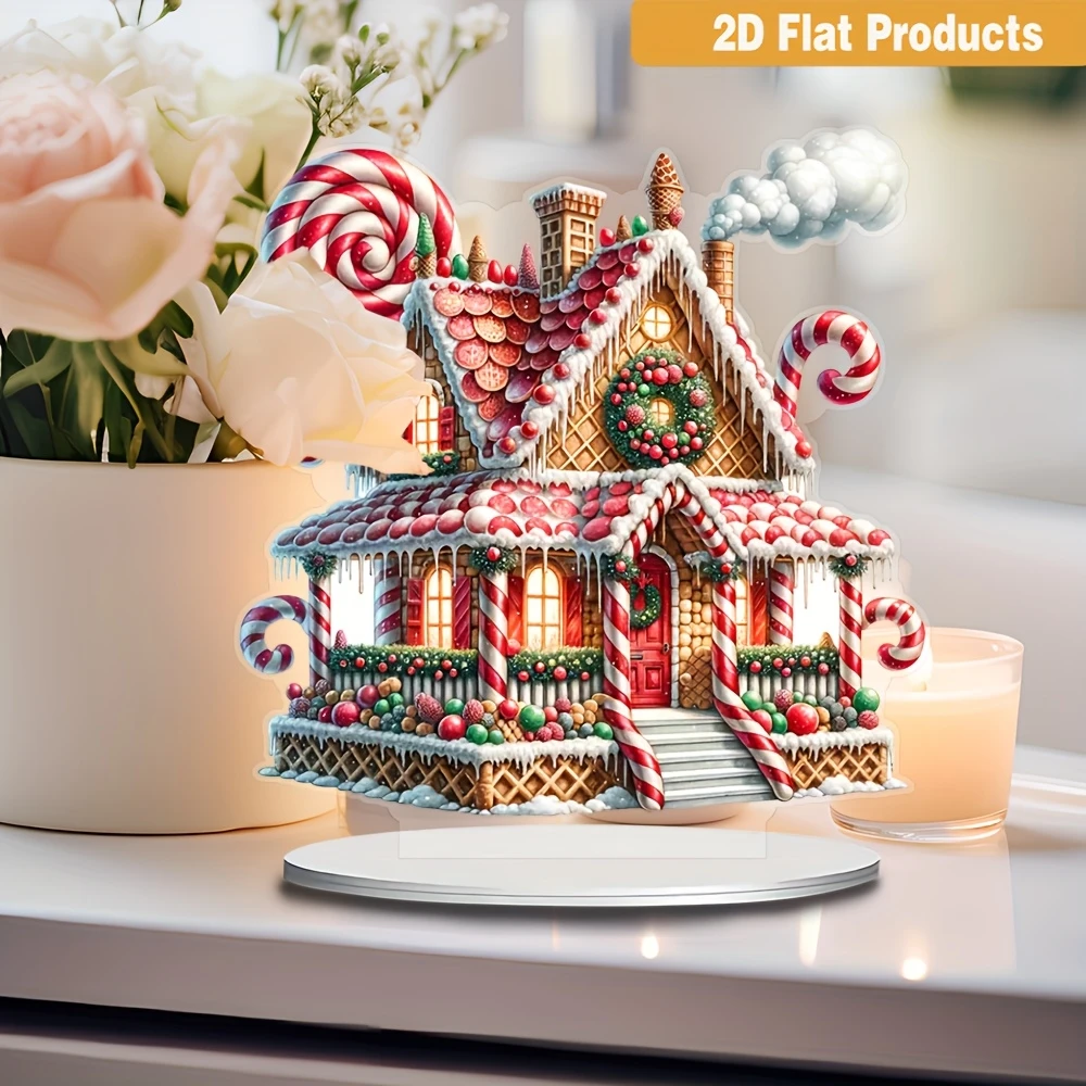 8in Christmas Candy House Miniature Acrylic 2D Desktop Decorative Piece Colored Family Village Theme Festival Statue Home Decor