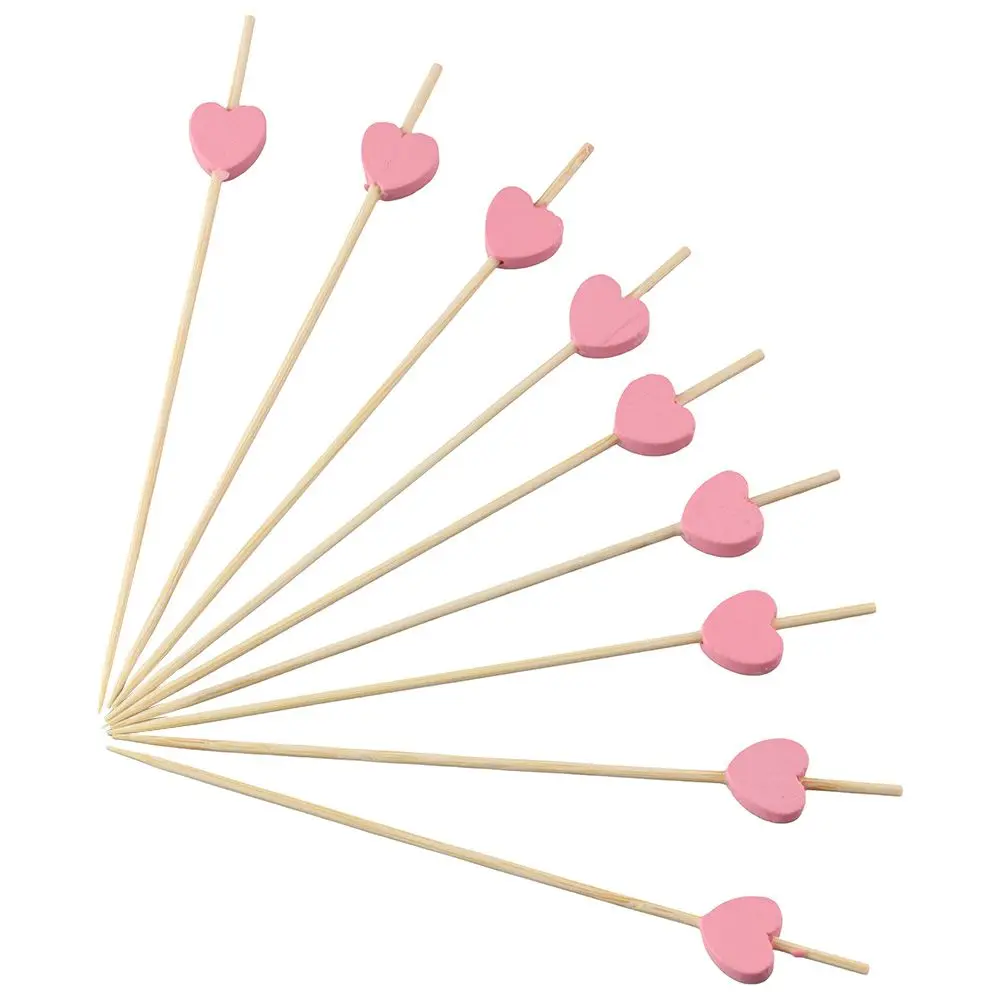 100Pcs Heart-Shaped Fruit Toothpicks Pink Disposable Sushi Stick 4.7 Inch Natural Bamboo Toothpicks