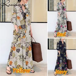 2024 Summer Dress Plus Size 3XL 4XL 5XL Cotton Linen Pocket Maxi Dress for Women Jumpsuit Streetwear Loose Floral Long Dresses