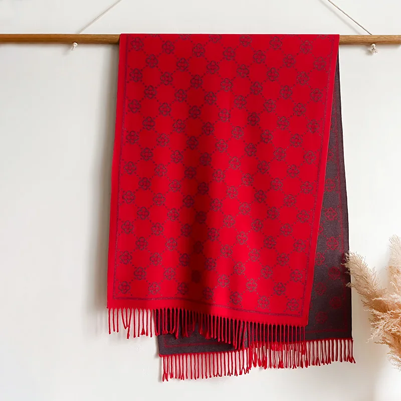 Marken-Jacquard-Design, zweiseitiger Winterschal, Kaschmir, weich, warm, lange Fransen, Pashmina-Schal, kältebeständig, winddicht, Deckenschal – Detail 9
