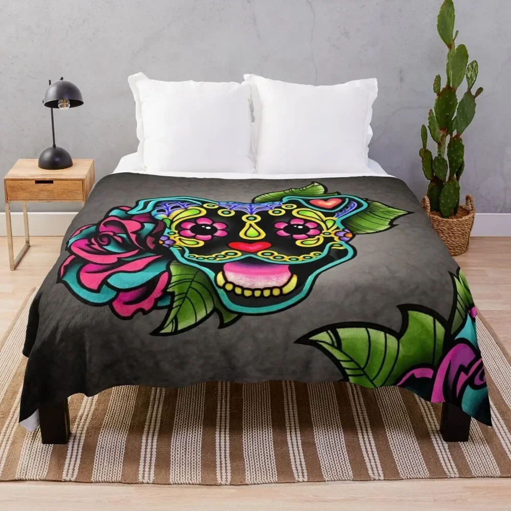 Smiling Pit Bull in Black - Day of the Dead Happy Pitbull - Sugar Skull Dog Throw Blanket Sofa Luxury Blankets