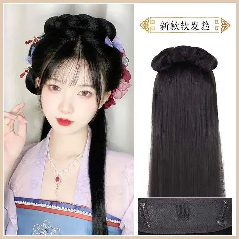 Parrucche Cosplay Hanfu Donna Nero Anime Antico cinese Hanfu Parrucche Copricapo Accessori Hanfu Parrucche lunghe diritte Parrucca nera Fascia per capelli