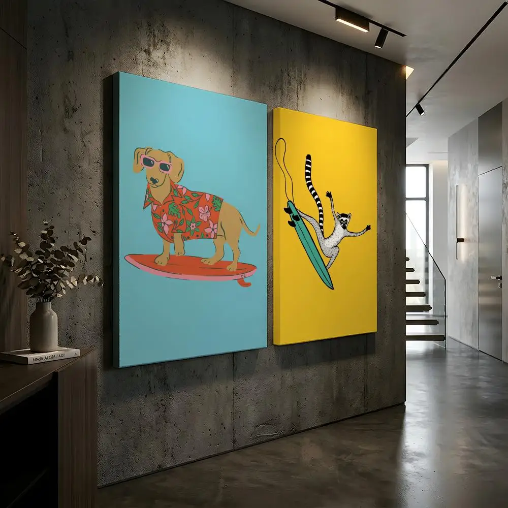 Funny Surfing Animals Cute Painting Calligraphy HD Modern Style Inner Frame Canvas Bedroom Room Hallway Wall Art Decor