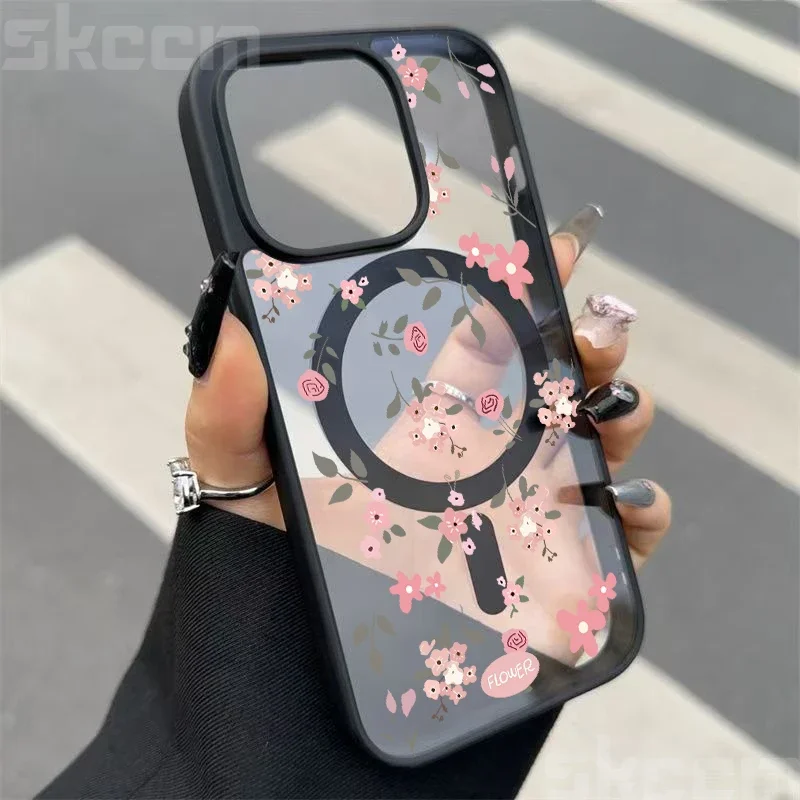 Flor transparente caso para iphone 16e 16 15 14 13 11 12 pro max plus x xs max xr magsafe magnético carga sem fio capa do telefone