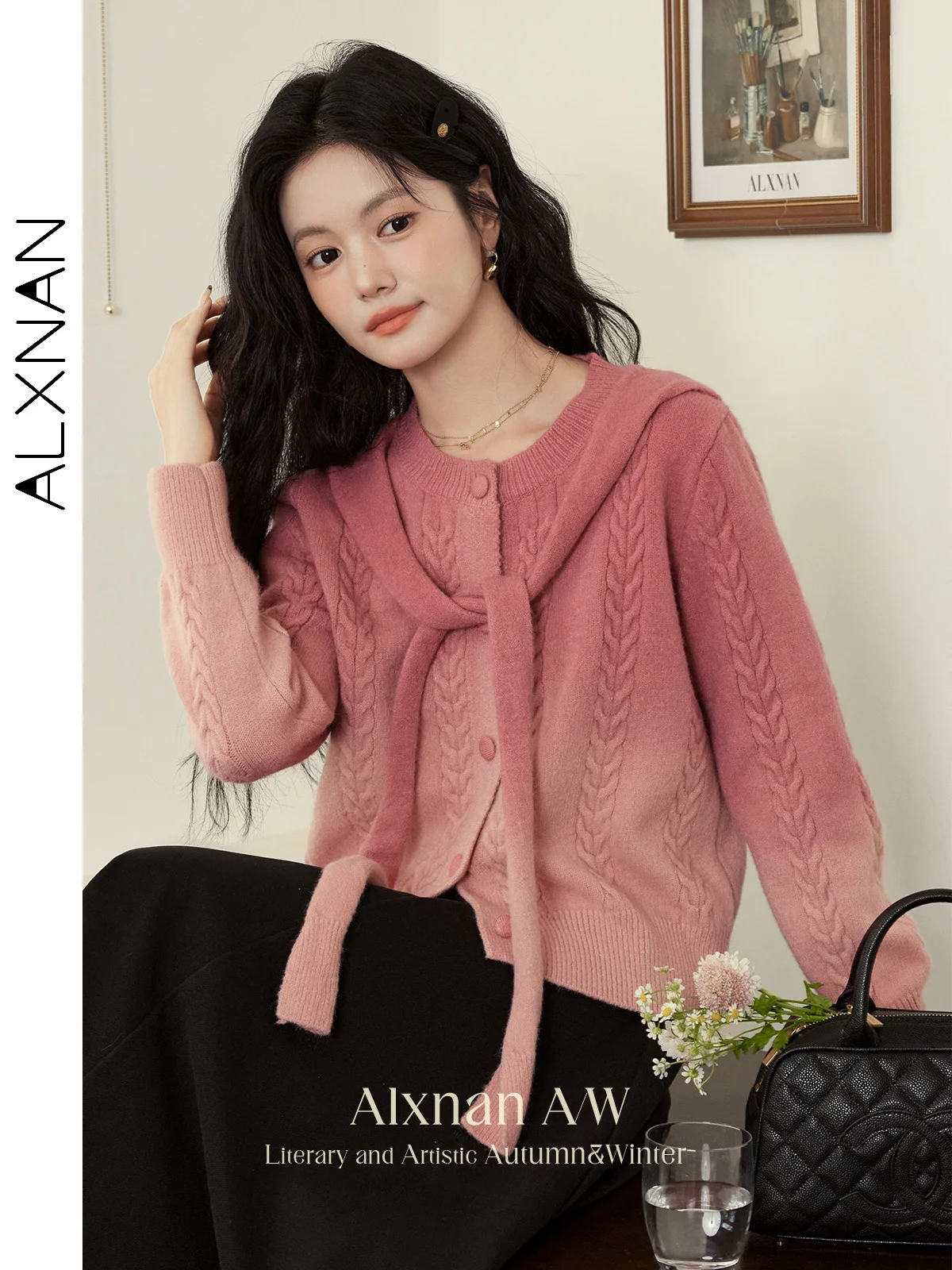 

ALXNAN вязаный кардиган градиентного цвета с 3D узором на пуговицах, женские свитера, изящная шаль, изящный женский трикотаж для отдыха L52158