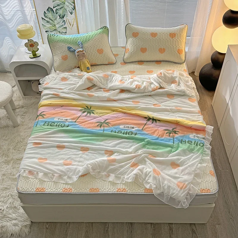 Coconut Tree Printed Summer Thin Quilt Home Textiles Light Cool Blanket Queen Air Conditioning Quilt Rainbow Striped Comforter