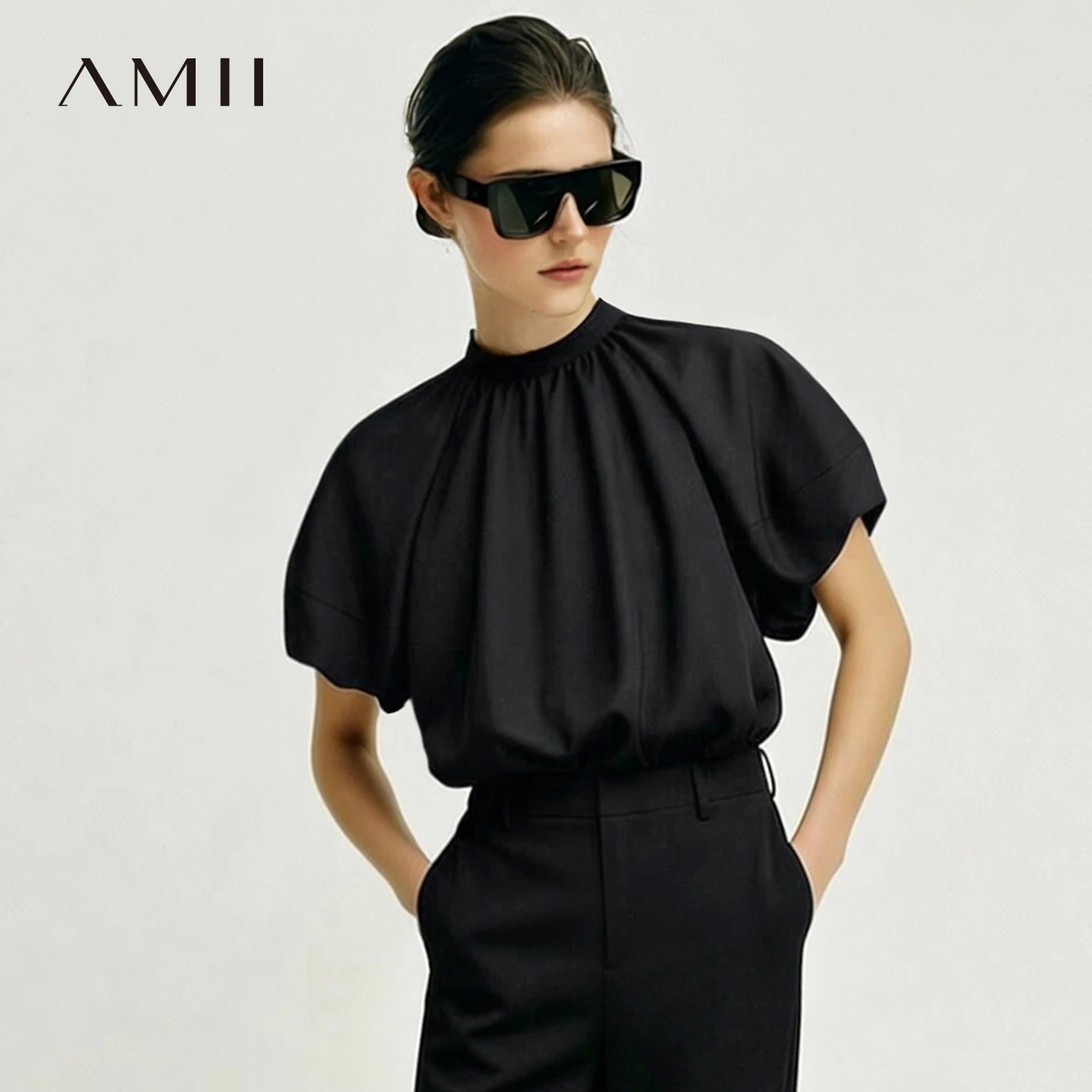 

Amii 100% Silk Top For Women 2026 Summer New Raglan Puff Sleeve Bow Knot Detail Shirt Elegant Casual Women's Blouse 12642189