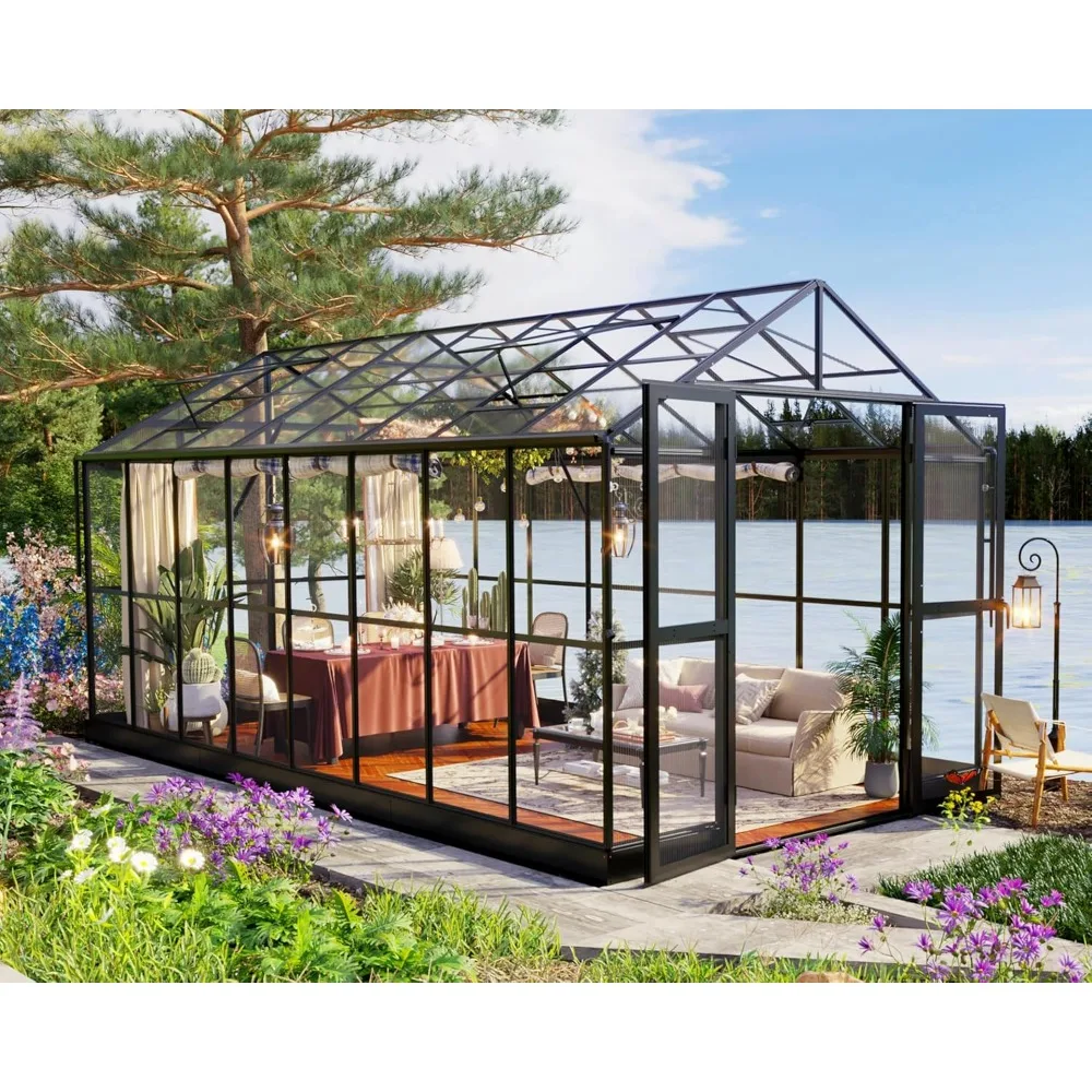 8x16x7.5 FT Greenhouse -with Ventilation And Rain Gutter, 2 Swing Doors With Hook,green House