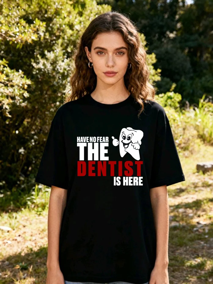 Fun Dentist Slogan Printed T-shirt Cartoon Tooth Pattern Unisex Summer Casual Top