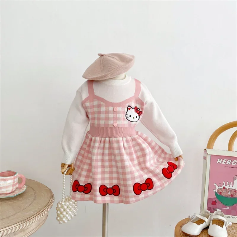 2024 Kids Dresses for Girls Kawaii Hello Kitty Dress Baby Girls Cartoon Cute Pink Knitted Princess Dress Cotton High Quality