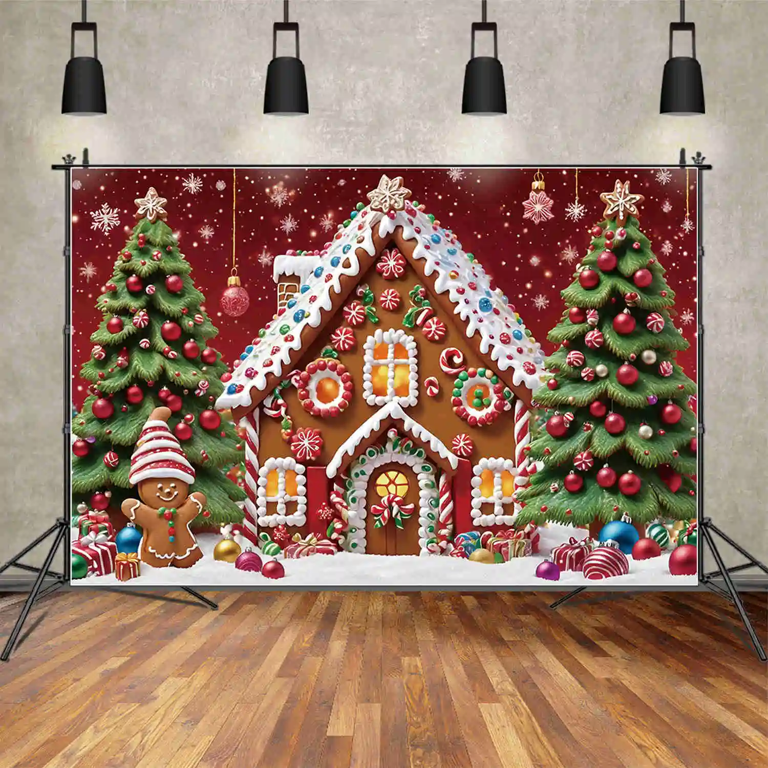 MOON.QG Children Christmas Background Gingerbread House Ornamented Tree Gift Snowflake Backdrops Party Decor Photography Props