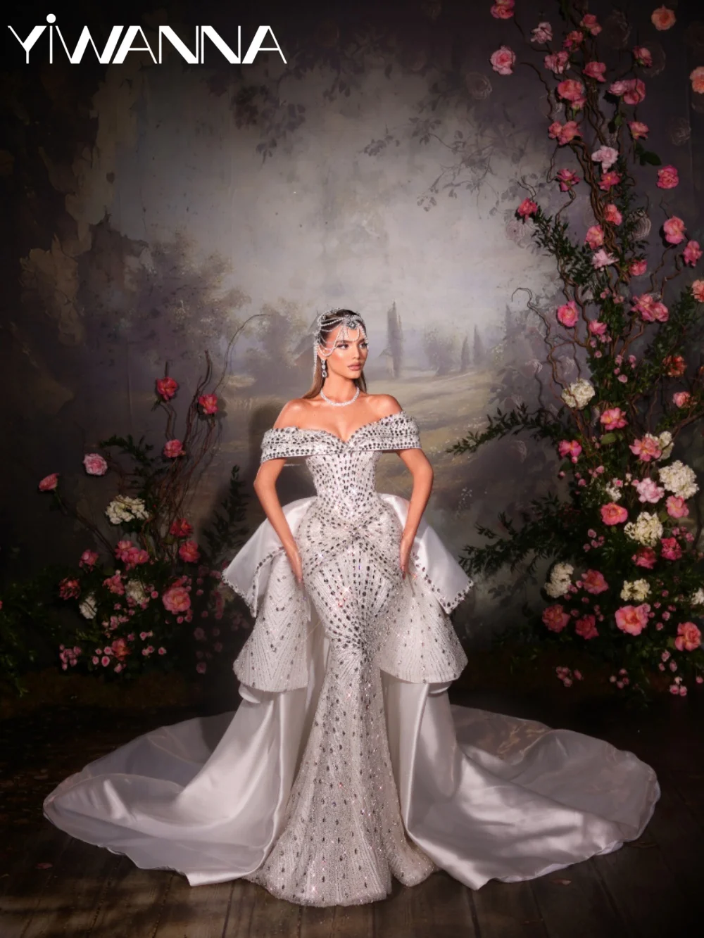 

Opulent Dazzling Crystal Long Wedding Dress Detachable Train Off Shoulder Bridal Gown Customized New Mermaid Dresses For Bride