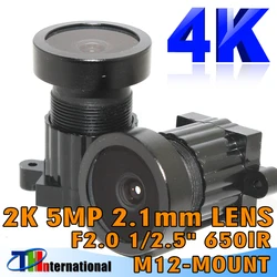 Fisheye M12 Lente com Filtro IR, Formato de Imagem para Câmera IP, Câmeras Esportivas, Gravador de Condução, 650nm Construído, 5MP, 2.1mm, F2.0, 1/2