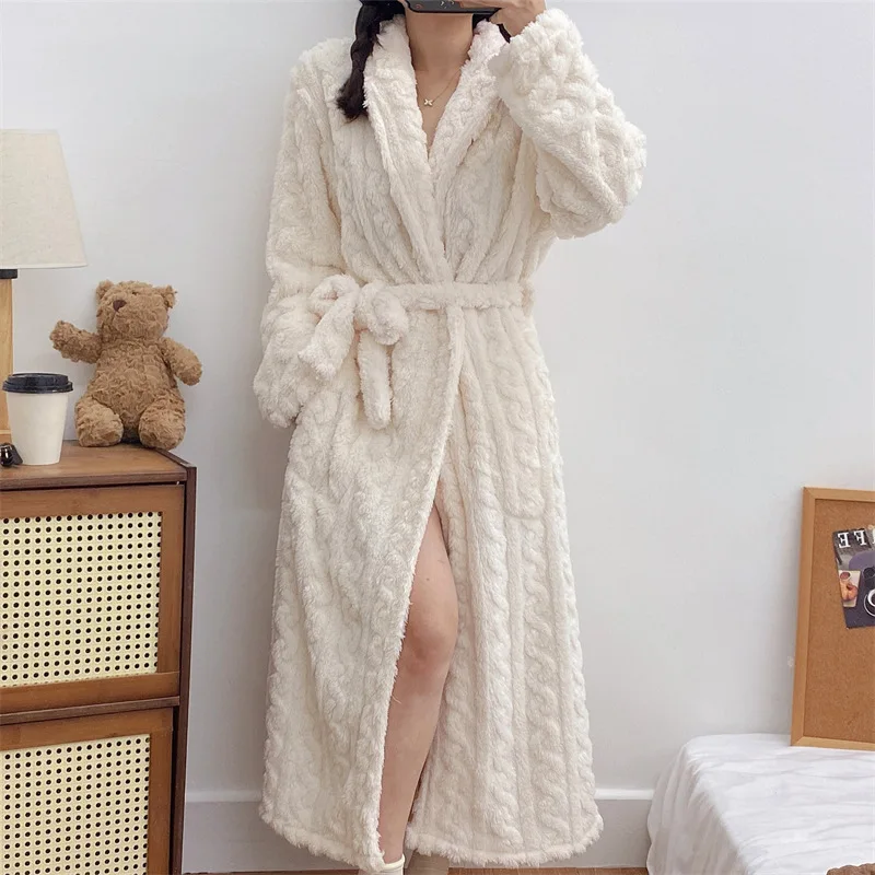 Thickened Flannel Warm Long Robe Nightgown Women Autumn Winter Sleepwear Intimate Lingerie Sleepwear Lapel Collar Home Clothes