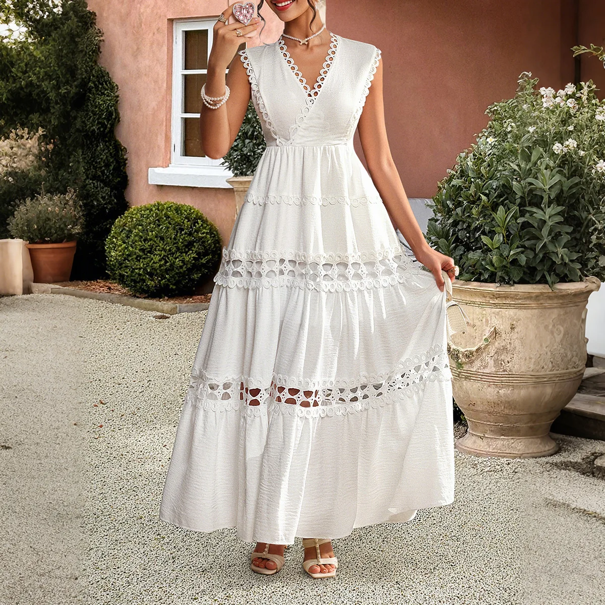 

White Dress Women Long Dresses A Line High Waist Vestidos V Neck Sleeveless Party Night Elegant Y2k Streetwear Work Summer