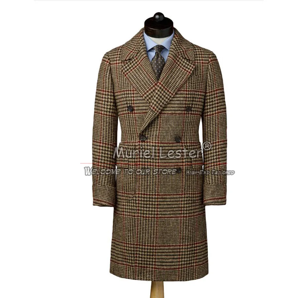 Man England Style Suit Jackets Tweed Wool Blend Trench Coat Long Double Breasted Blazer Customized Business Men's Overcoat 2025