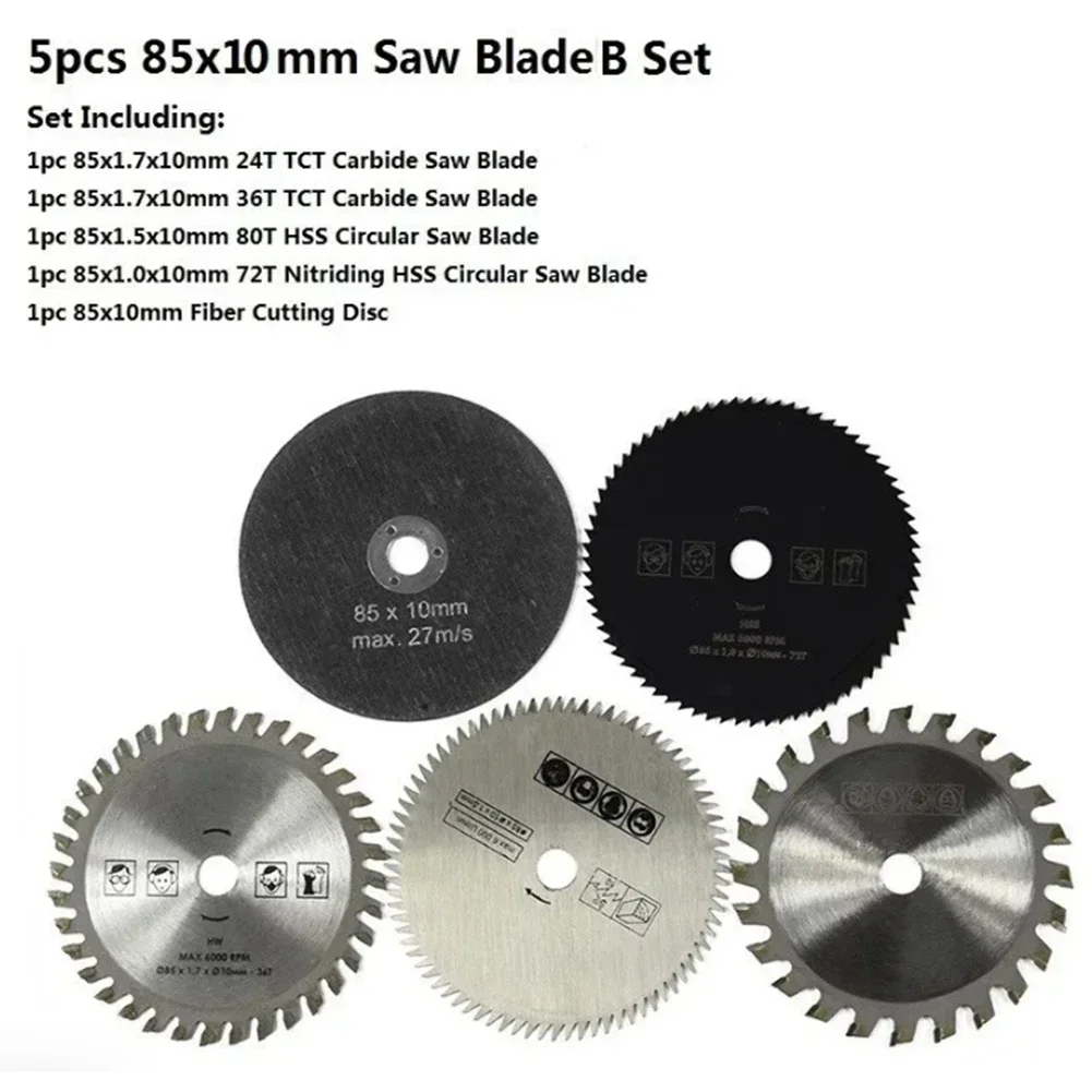 Confezione da 5 lame per sega circolare da 85 mm disco da taglio per legno accessori per utensili elettrici lama per sega circolare foro interno disco da taglio per legno da 10 mm