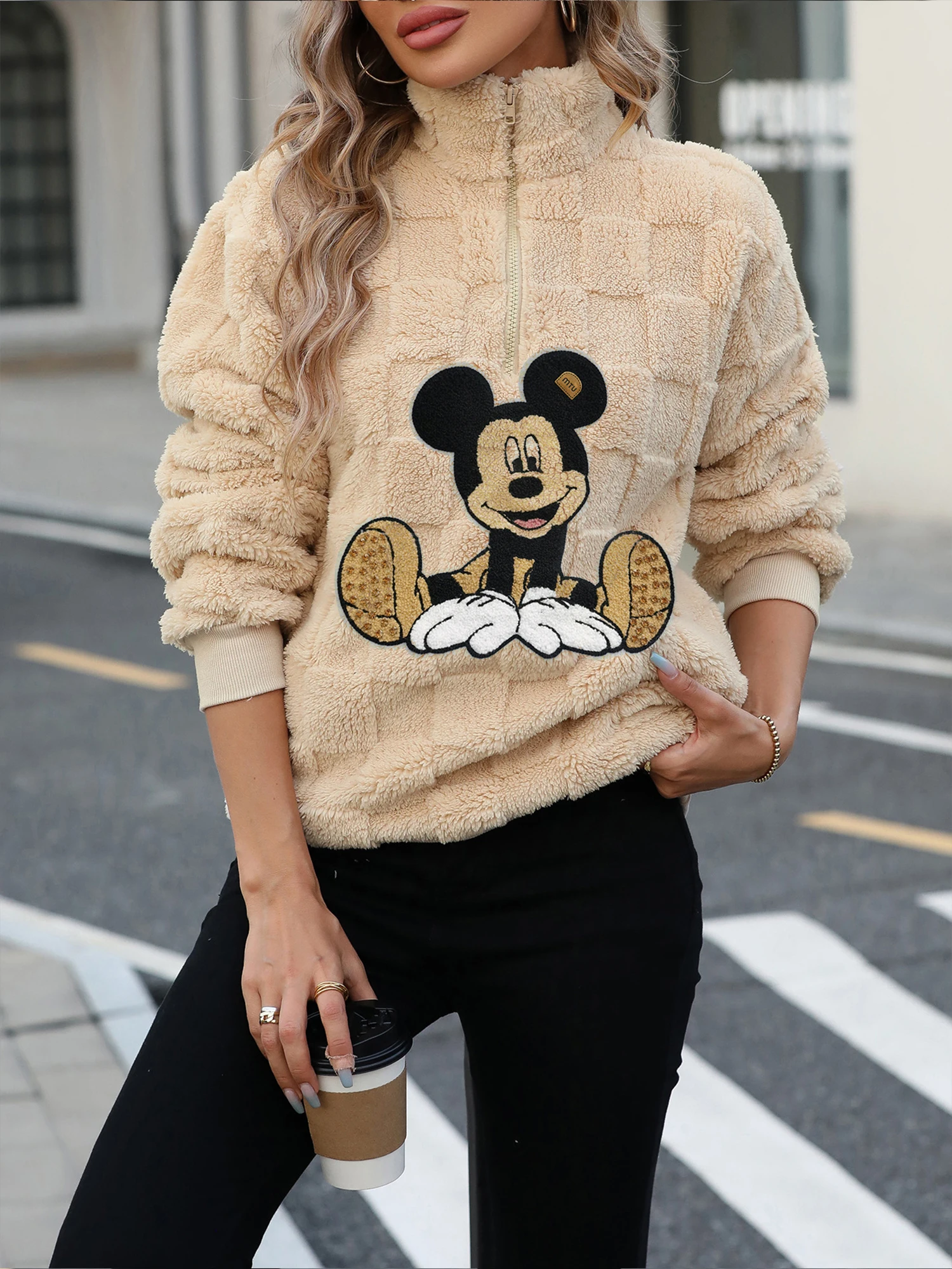 Disney 2024 Women Anime Fashion Zipper Mickey Mouse Embroidery Hoodies Autumn Winter Velour Warm Coat Clothing