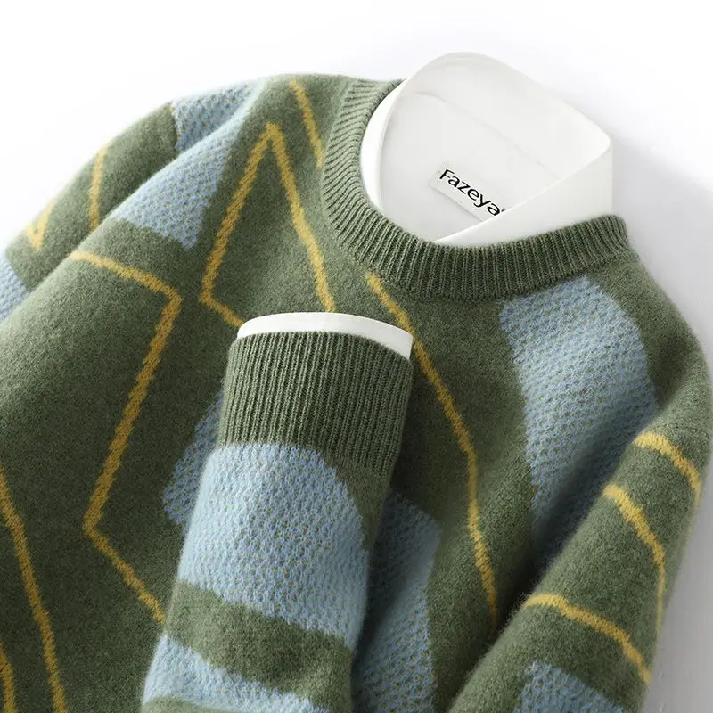 

100% Wool Men's Crew Neck Color Matching Knitted Bottoming Shirt Autumn and Winter New Business Casual Loose Cashmere Sweater