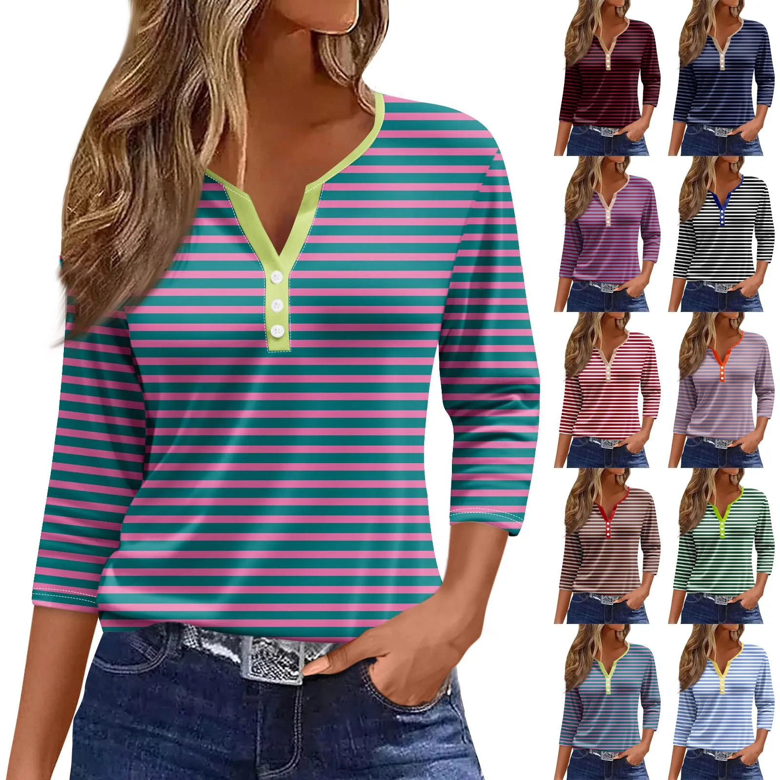 Women'S 3/4 Sleeve T Shirt Classic Striped Patchwork Comfy All-Match Tops Casual Button V Neck Basic Regular Loose Tops