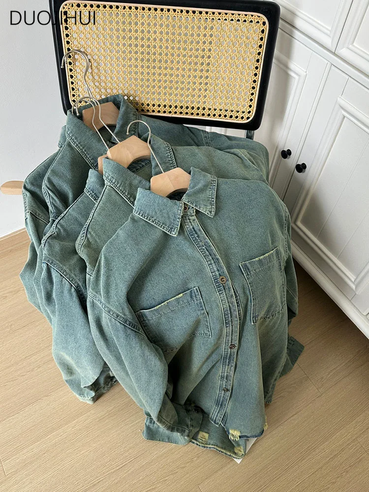 DUOJIHUI Spring Classic Washed Vintage Women Denim Coat New Basic Single Breasted Fashion Loose Simple Casual Female Denim Coat