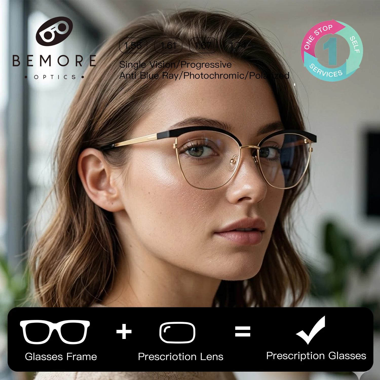 

Очки BEMORE: высококачественные металлические очки-«кошачий глаз» для женщин, квадратные, с защитой от синего света, фотохромные, с диоптриями