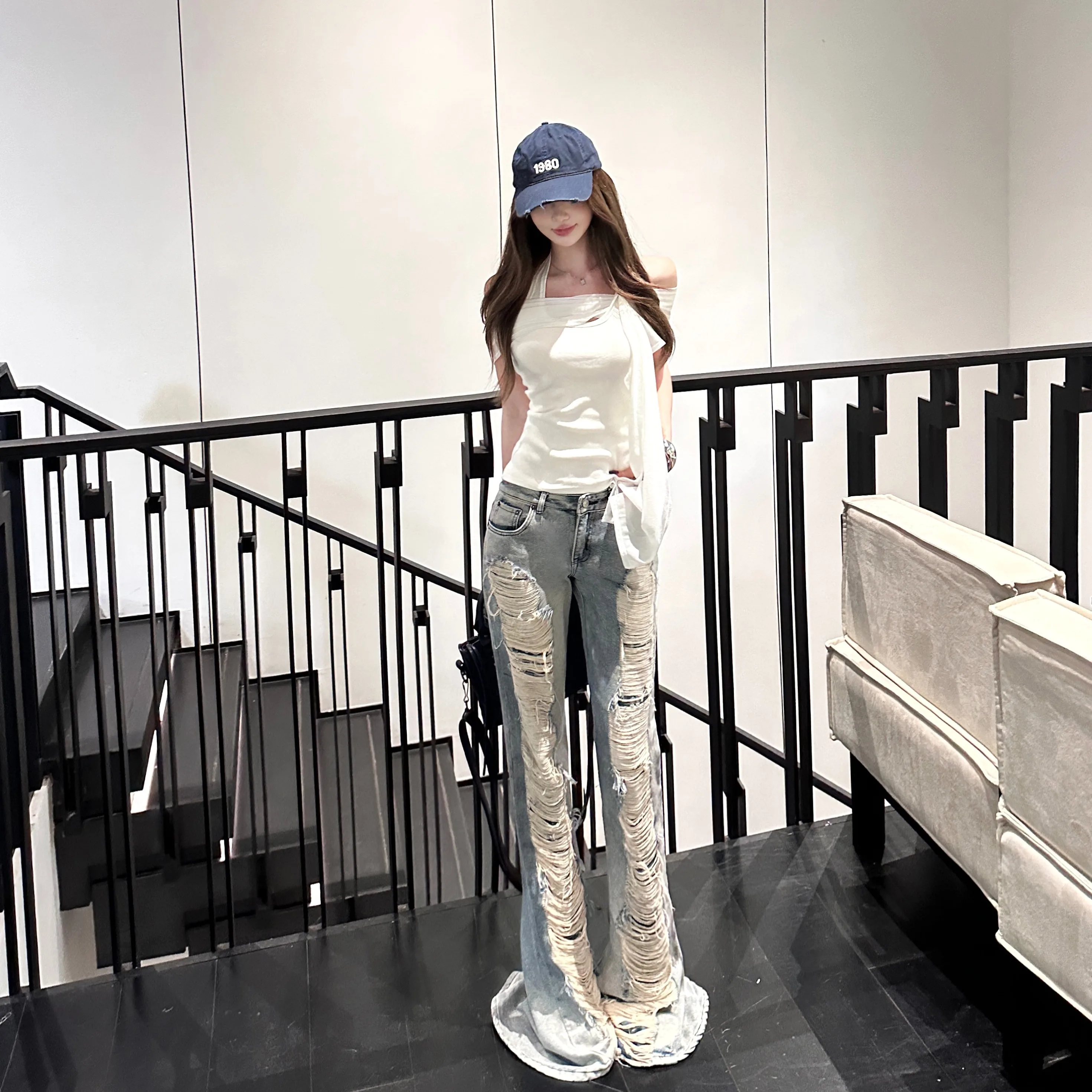 

Summer Off-Shoulder T-Shirt Short Sleeveless Top Women's Retro Flared Washed Denim Pants Floor-Length Pants High Waist Jeans